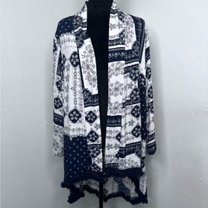 Solitaire Womens Blue and White Open Front Bohemian Kimono Sleeve Size: M